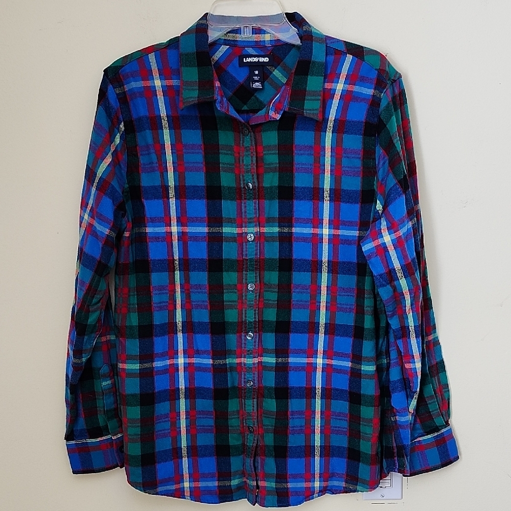 Lands End Shirt Cotton Flannel Boyfriend Blue Red Plaid NEW